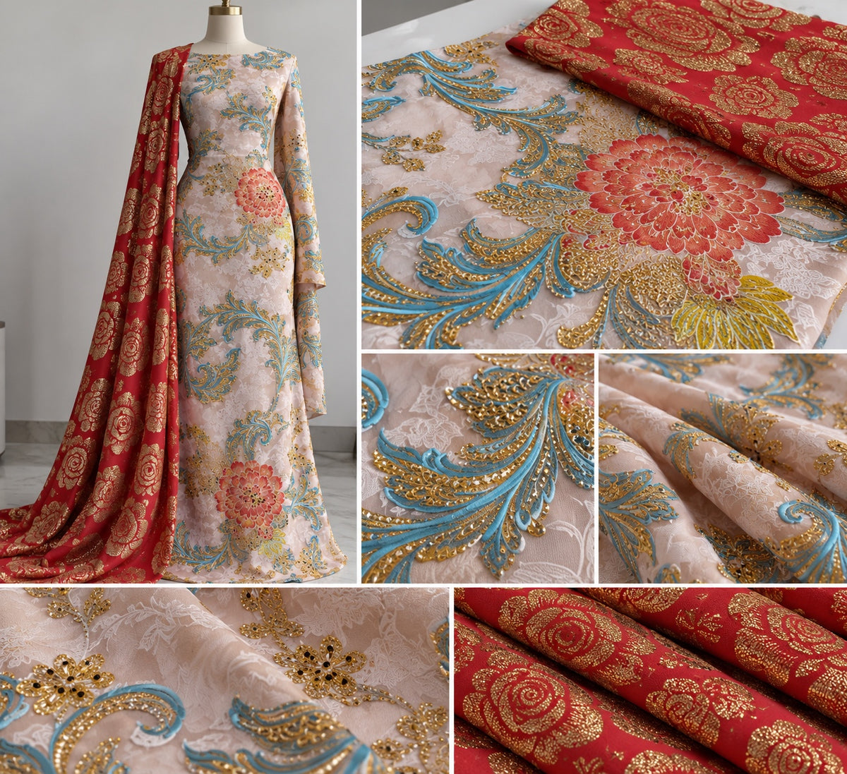 Blush floral dirac fabric with red and gold shawl
